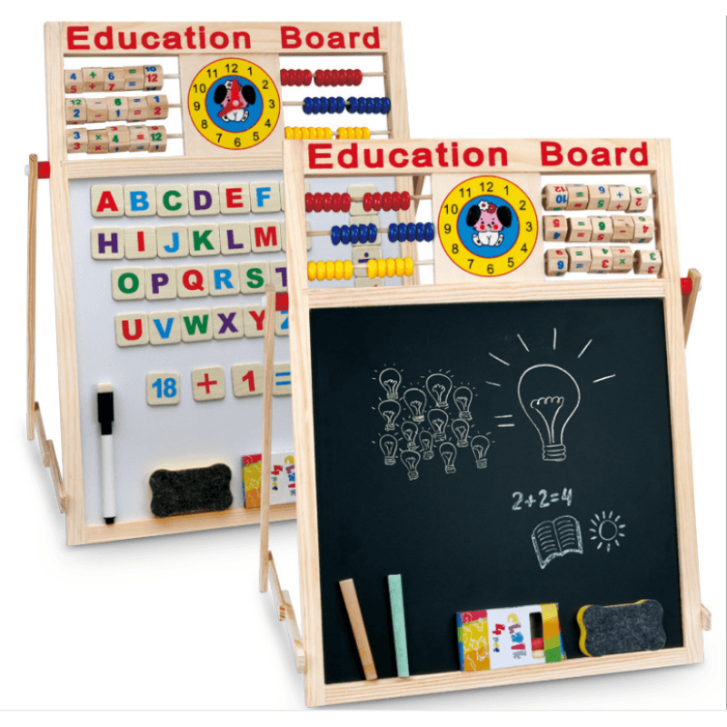 Tablă educativă LUDIRO din lemn, același produs prezentat pe fața albă magnetică și fața neagră pentru cretă