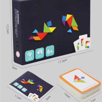Dimensiunile cutiei tangram, ale cardurilor model și ale broșurii incluse.