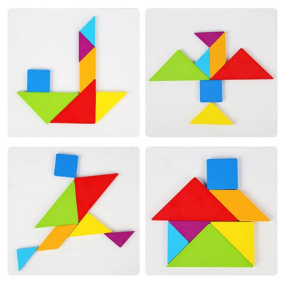 Patru exemple de figuri construite din piesele colorate ale tangramului.