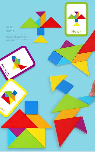 Carduri model cu figuri și denumiri în engleză pentru puzzle-ul tangram.