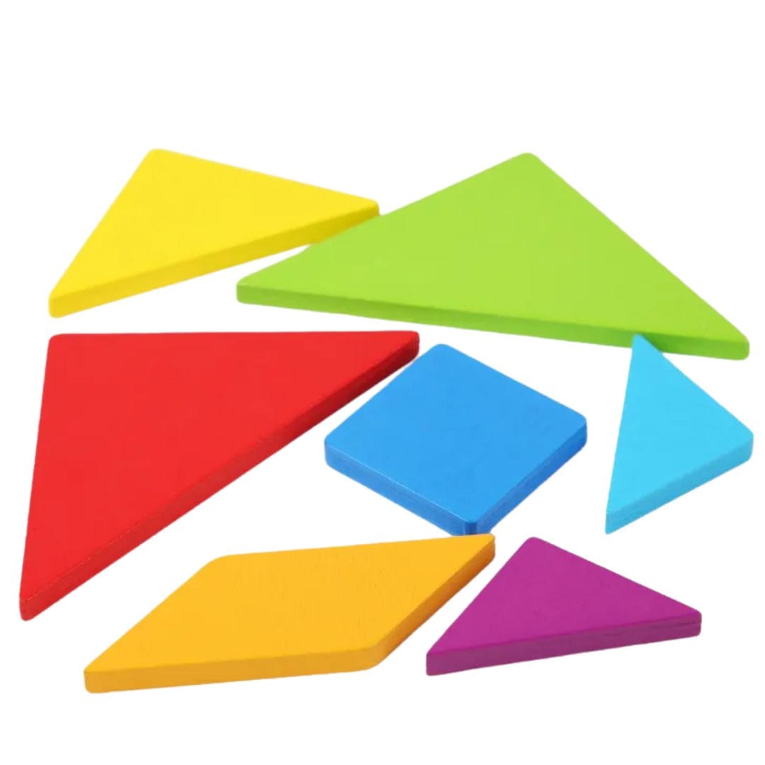 Cele șapte piese tangram: cinci triunghiuri, un pătrat și un paralelogram colorat.