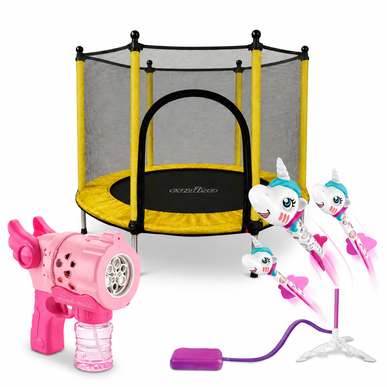 Pachet Curte Activă pentru Copii – Trambulina 122x140 cm cu Plasă de Protecție + Set Lansator cu 3 Rachete Spumă Unicorn + Pistol Baloane Săpun LUDIRO Îngeraș cu 6 Guri și LED | Exterior - LUDIRO