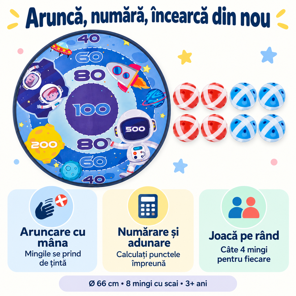 Joc cu țintă și mingi cu scai: aruncare cu mâna, numărarea punctelor și joc pe rând