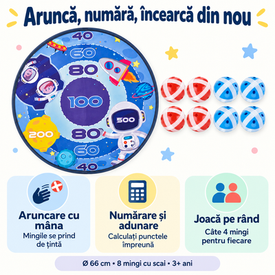 Joc cu țintă și mingi cu scai: aruncare cu mâna, numărarea punctelor și joc pe rând