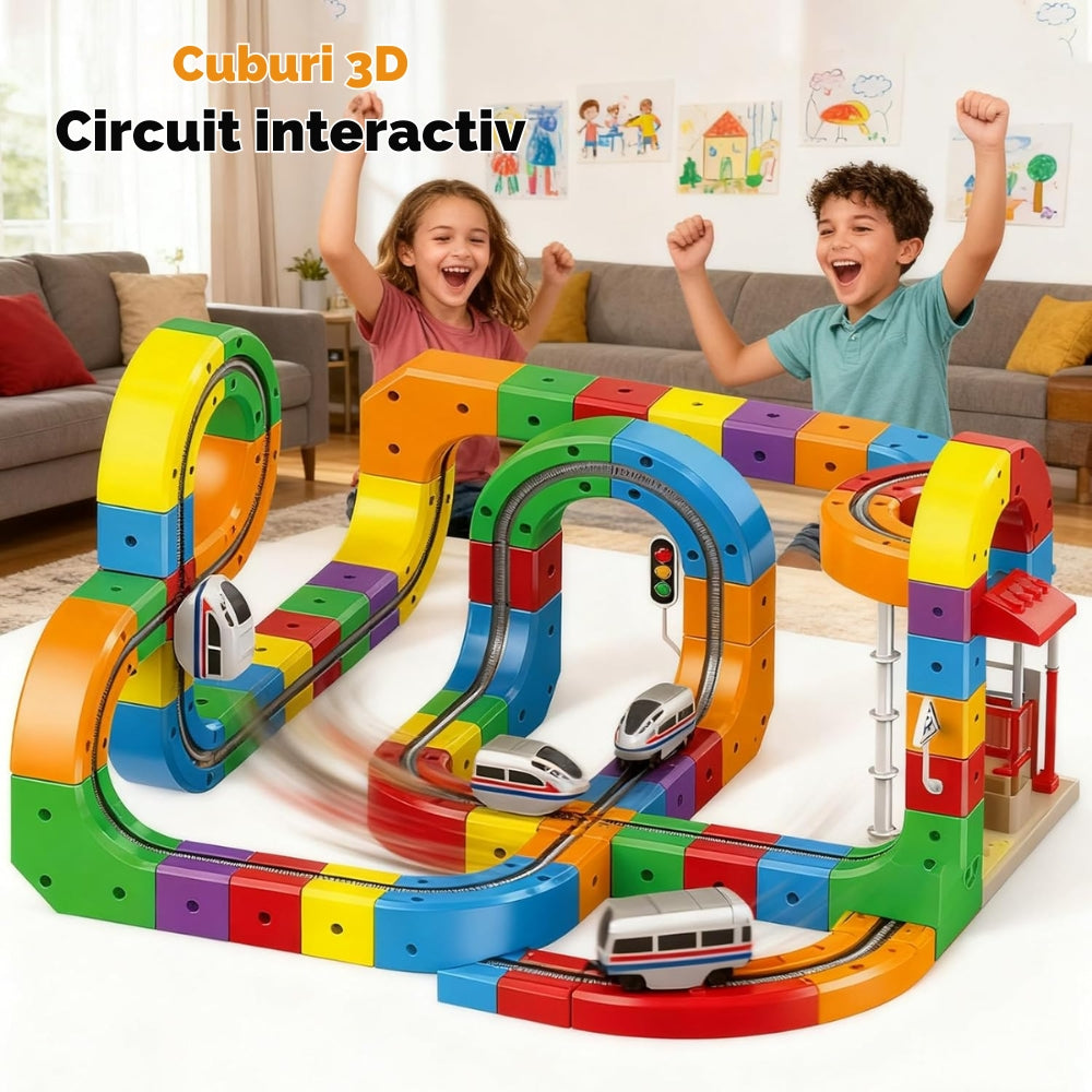 Circuit Trenuleț Electric 3D, Set Construcție Interactiv Cube Track, 123 Piese, Tren cu Acumulator USB și Lumini, Semne de Circulație, +3 Ani - LUDIRO