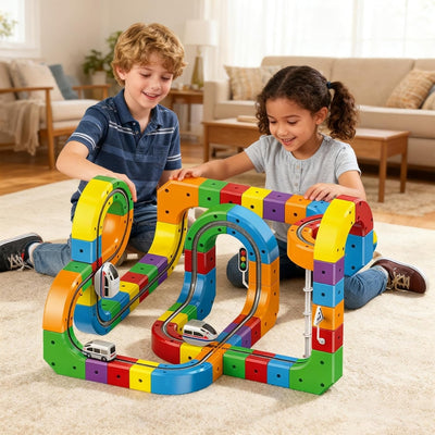 Circuit Trenuleț Electric 3D, Set Construcție Interactiv Cube Track, 123 Piese, Tren cu Acumulator USB și Lumini, Semne de Circulație, +3 Ani - LUDIRO