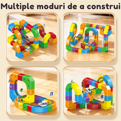Circuit Trenuleț Electric 3D, Set Construcție Interactiv Cube Track, 123 Piese, Tren cu Acumulator USB și Lumini, Semne de Circulație, +3 Ani - LUDIRO
