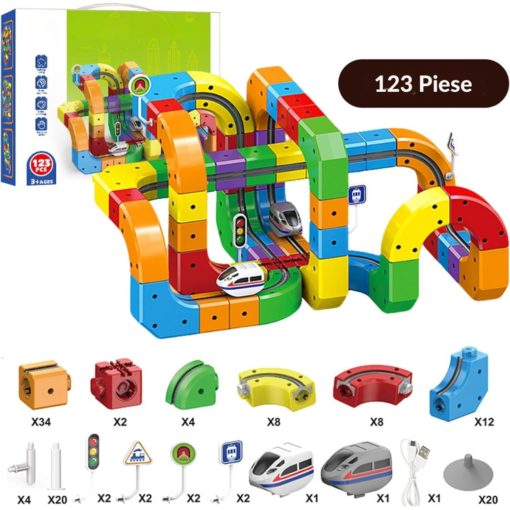 Circuit Trenuleț Electric 3D, Set Construcție Interactiv Cube Track, 123 Piese, Tren cu Acumulator USB și Lumini, Semne de Circulație, +3 Ani - LUDIRO