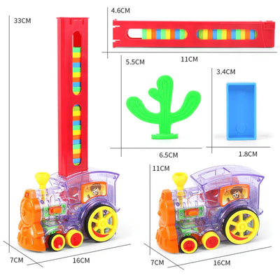 Dimensiunile trenulețului domino montat, ale locomotivei și ale componentelor setului.