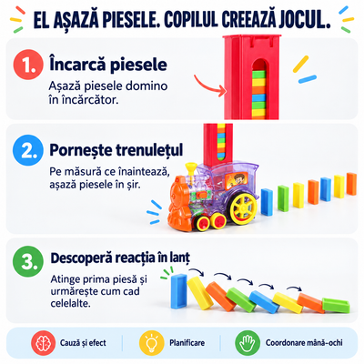 Cum funcționează trenulețul domino: încărcarea pieselor, așezarea automată în șir și reacția în lanț.