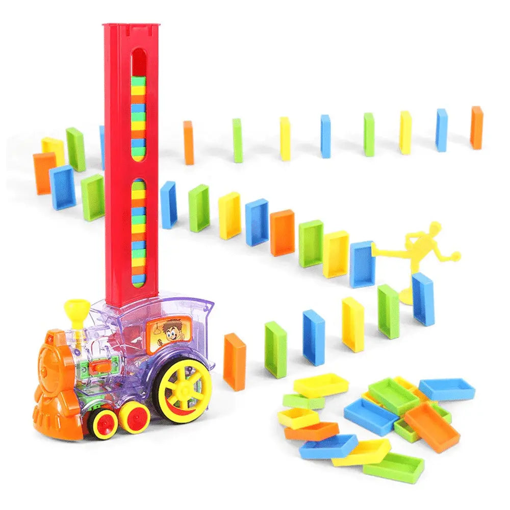 Trenuleț electric cu încărcător vertical și piese domino multicolore, prezentat pe fundal alb.