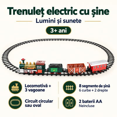 Caracteristicile trenulețului LUDIRO: locomotivă, trei vagoane, opt segmente de șină și alimentare cu două baterii AA