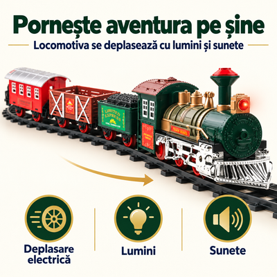Locomotiva verde LUDIRO cu trei vagoane și funcțiile de deplasare electrică, lumini și sunete