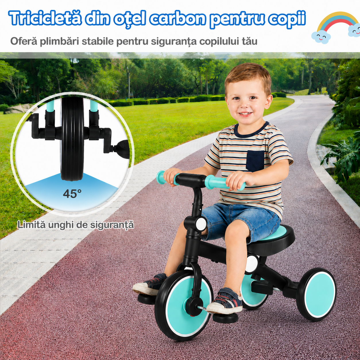 Tricicletă Pliabilă 2 în 1 pentru Copii 3-6 Ani – Cadru Oțel Carbon, Scaun Ajustabil, Pedale Detașabile, Roți din Spumă Antialunecare, Certificare EN 71, Albastru-Negru - LUDIRO
