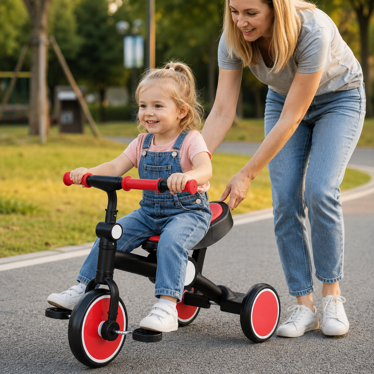 Tricicletă Pliabilă 2 în 1 pentru Copii 3-6 Ani – Cadru Oțel Carbon, Scaun Ajustabil, Pedale Detașabile, Roți din Spumă Antialunecare, Certificare EN 71, Roșu-Negru - LUDIRO