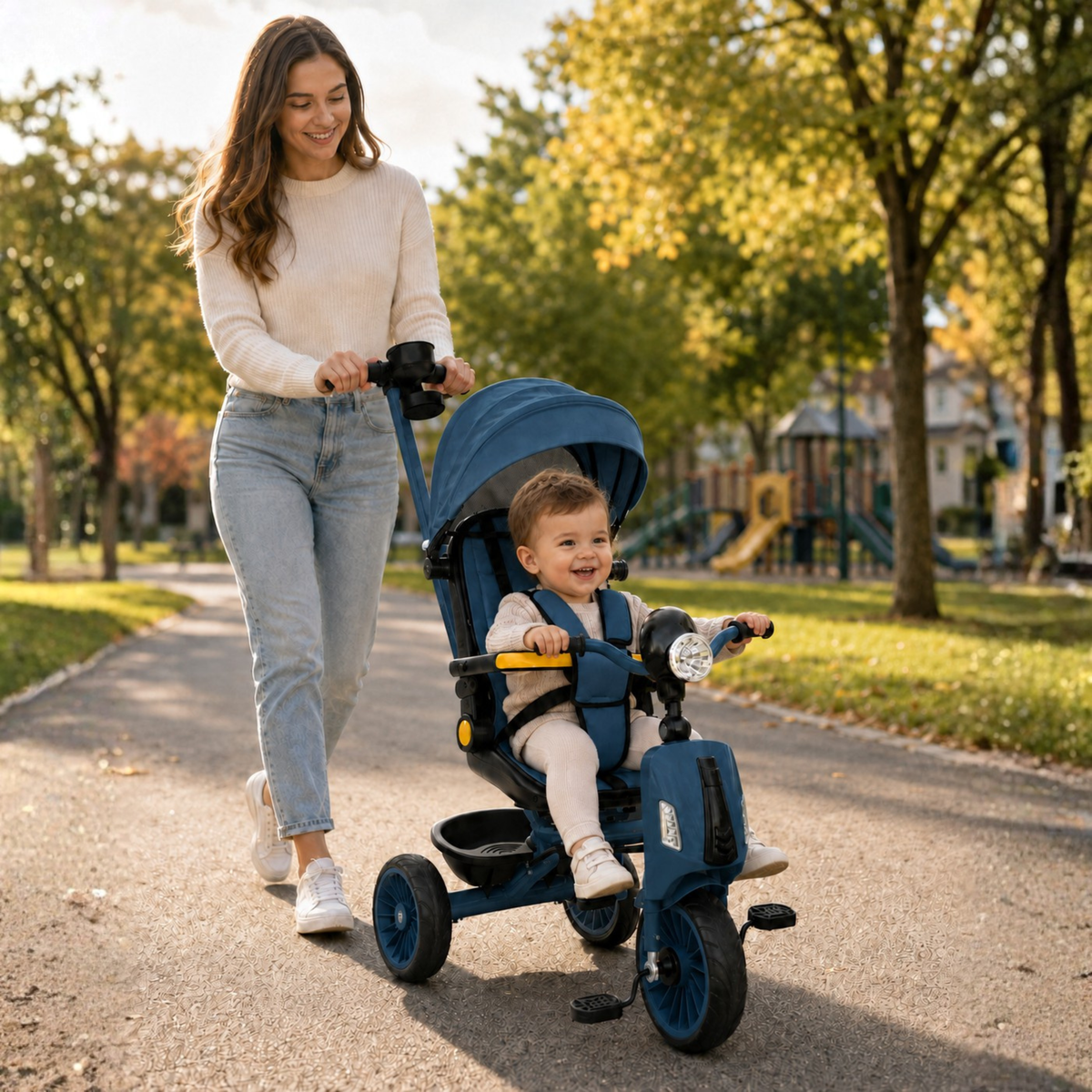 LUDIRO Tricicleta 4 în 1 albastra — mama si copil la plimbare in parc, copertina ridicata