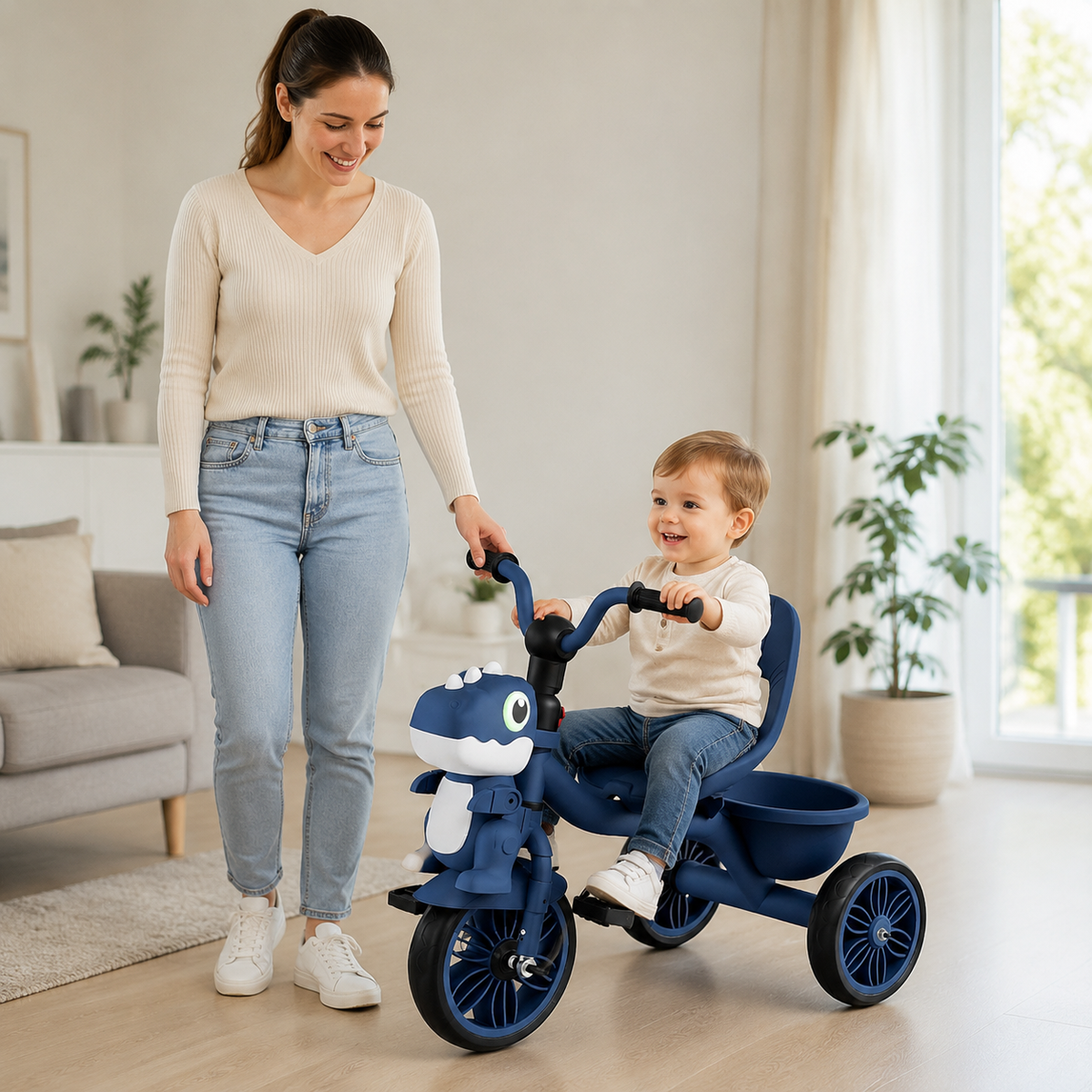LUDIRO Tricicleta Copii Dinozaur Albastru - profil lateral, cadru otel si scaun ergonomic cu spatar