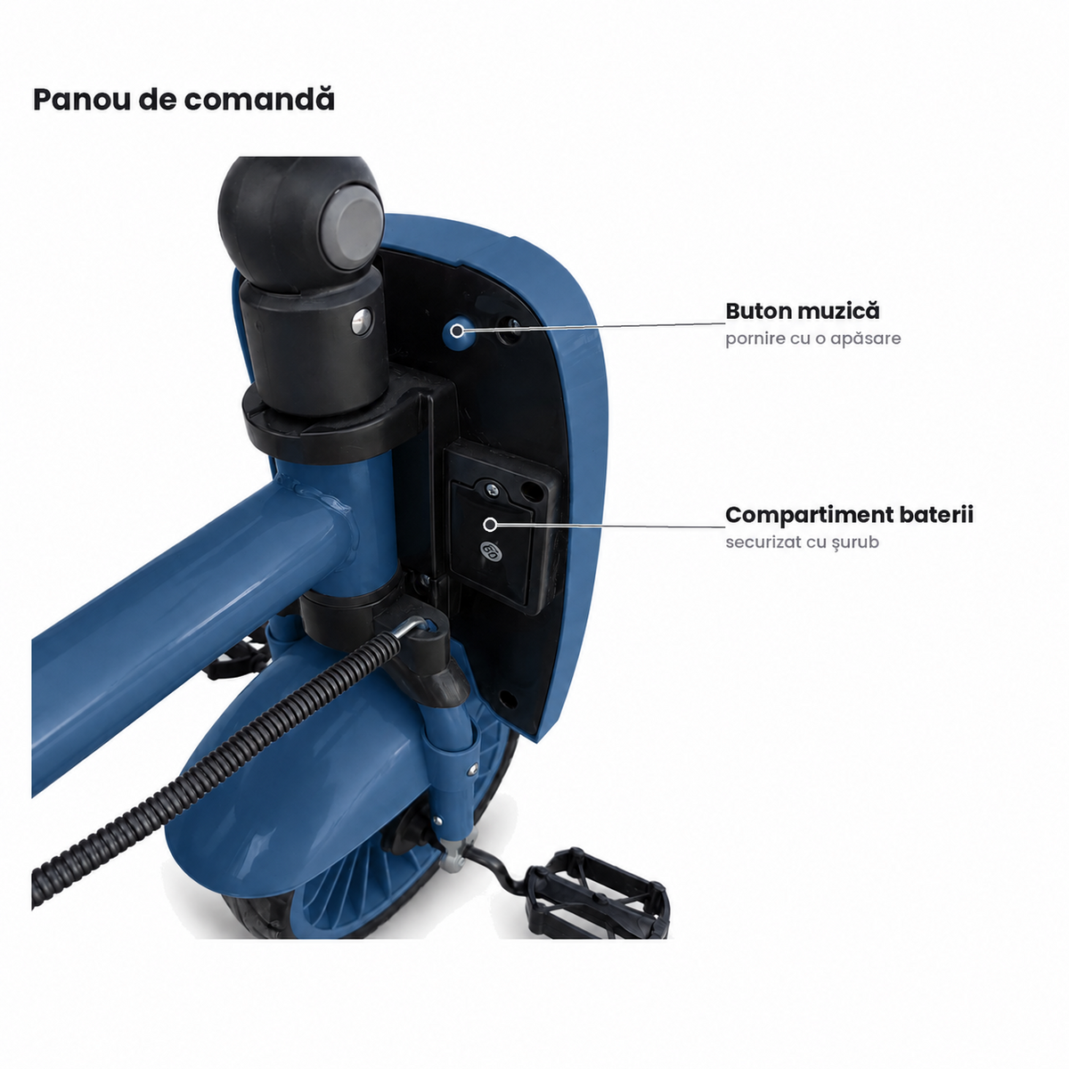 Buton pentru muzică și compartiment pentru baterii securizat cu șurub