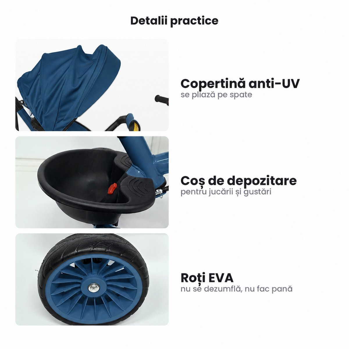 Detalii tricicletă LUDIRO: copertină pliabilă, coș posterior și roți EVA