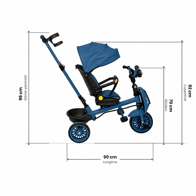 Dimensiuni tricicletă LUDIRO: lungime 90 cm, lățime 47 cm și mâner parental la 96 cm