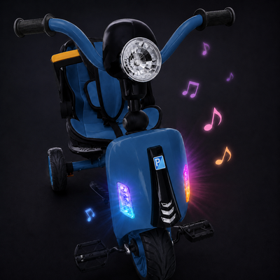 Tricicletă LUDIRO cu muzică și două lumini frontale mici; elementul circular central este decorativ