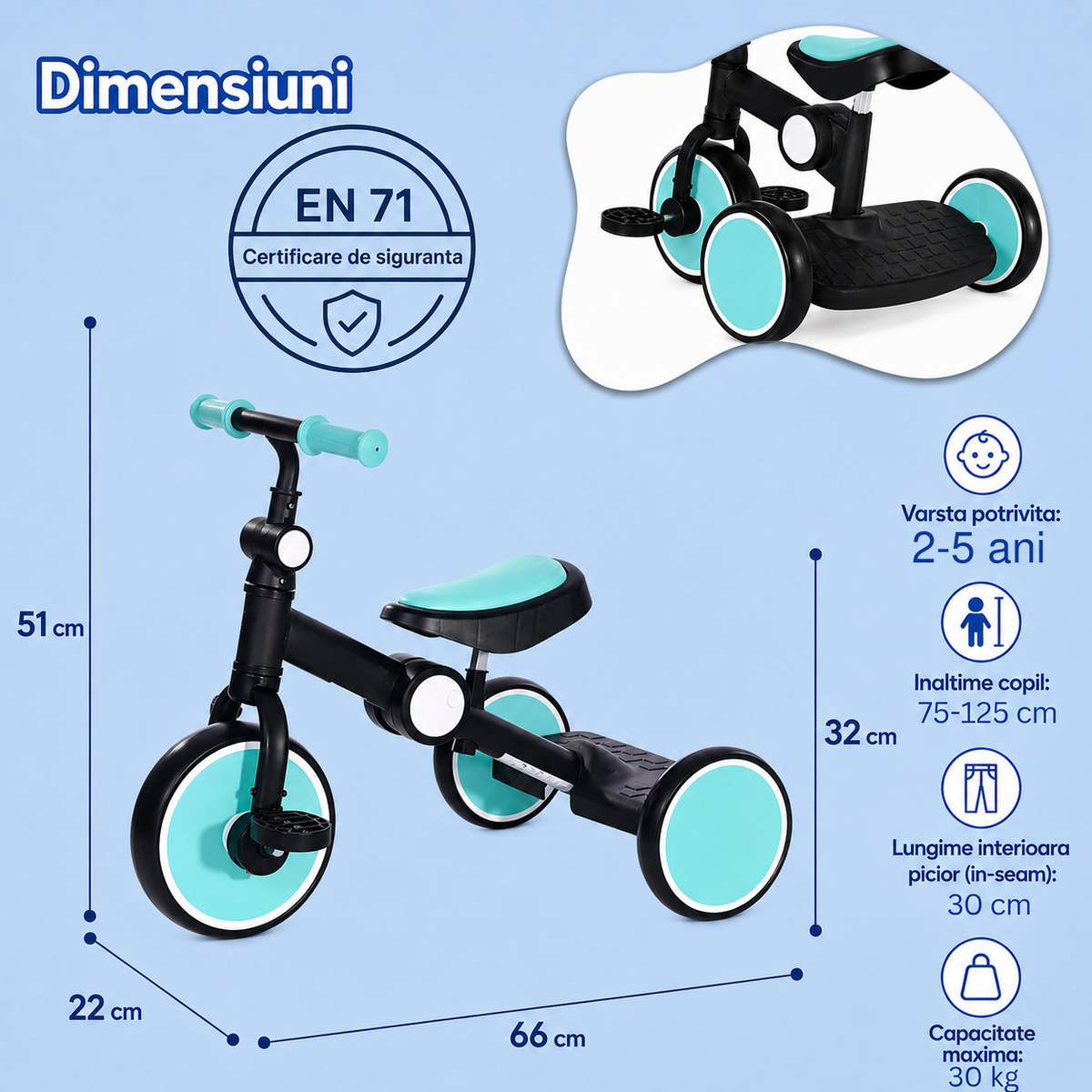 Dimensiuni tricicletă pliabilă LUDIRO pentru copii 2-5 ani