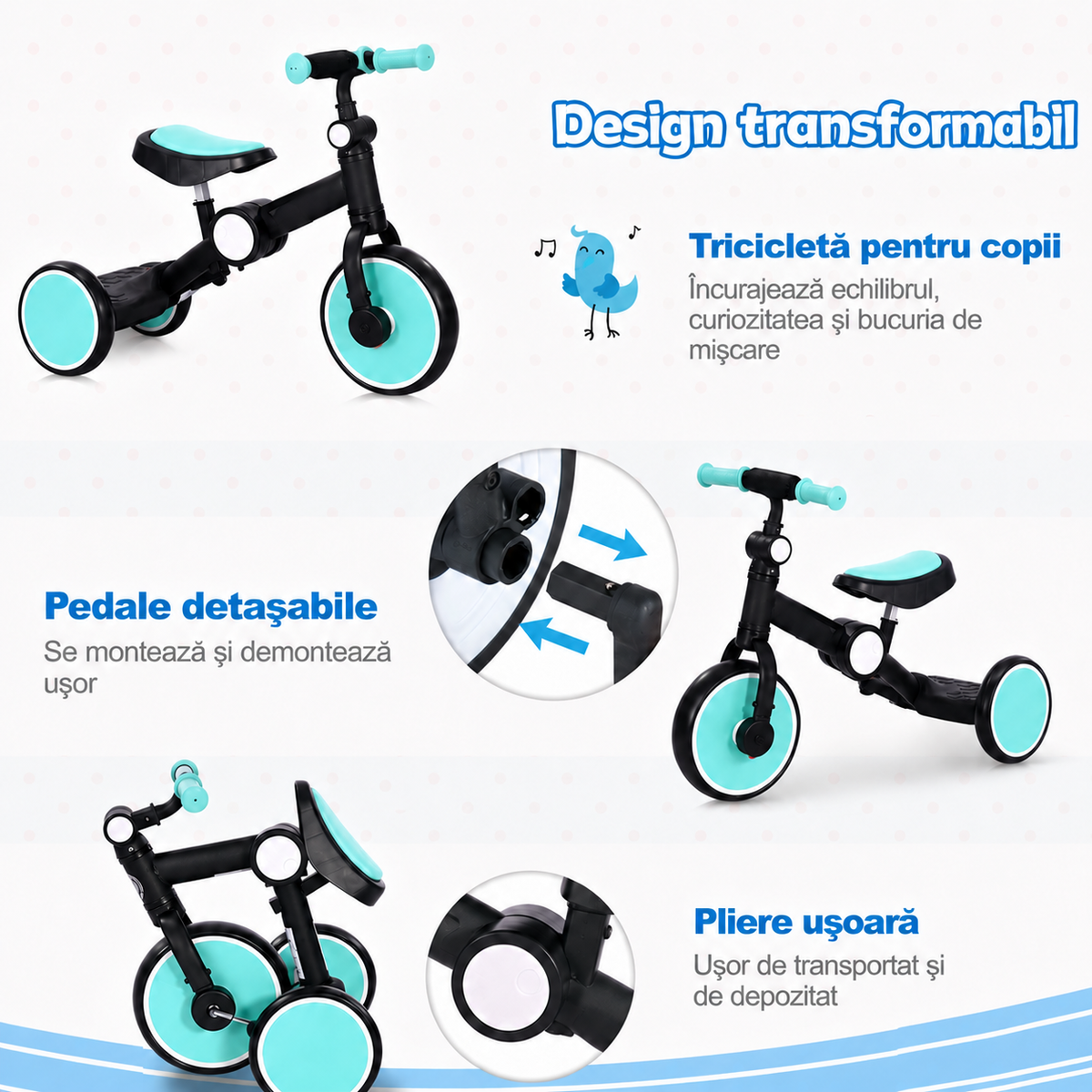 Moduri de utilizare și pliere ale tricicletei LUDIRO 2 în 1