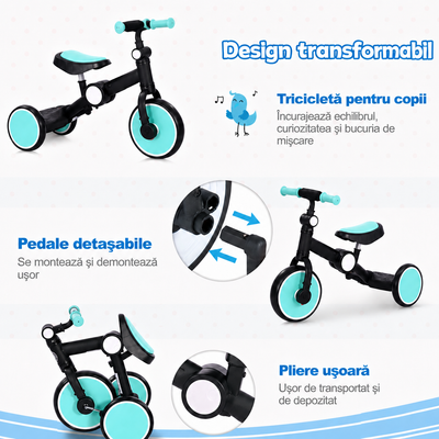 Moduri de utilizare și pliere ale tricicletei LUDIRO 2 în 1