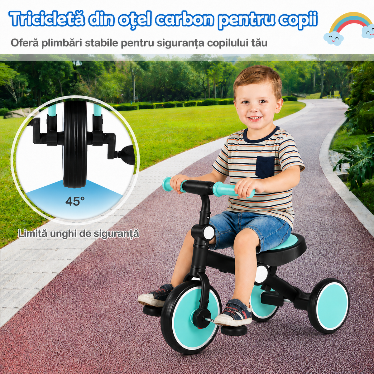 Copil folosind tricicleta LUDIRO cu limitarea virării la 45 de grade
