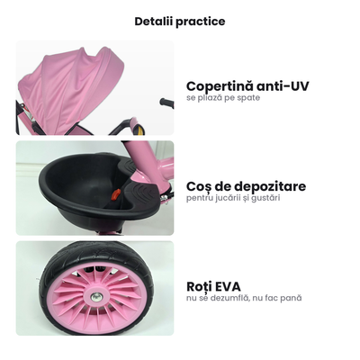 LUDIRO Tricicletă 4 în 1, roz — detalii practice: copertină anti-UV, coș depozitare, roți EVA