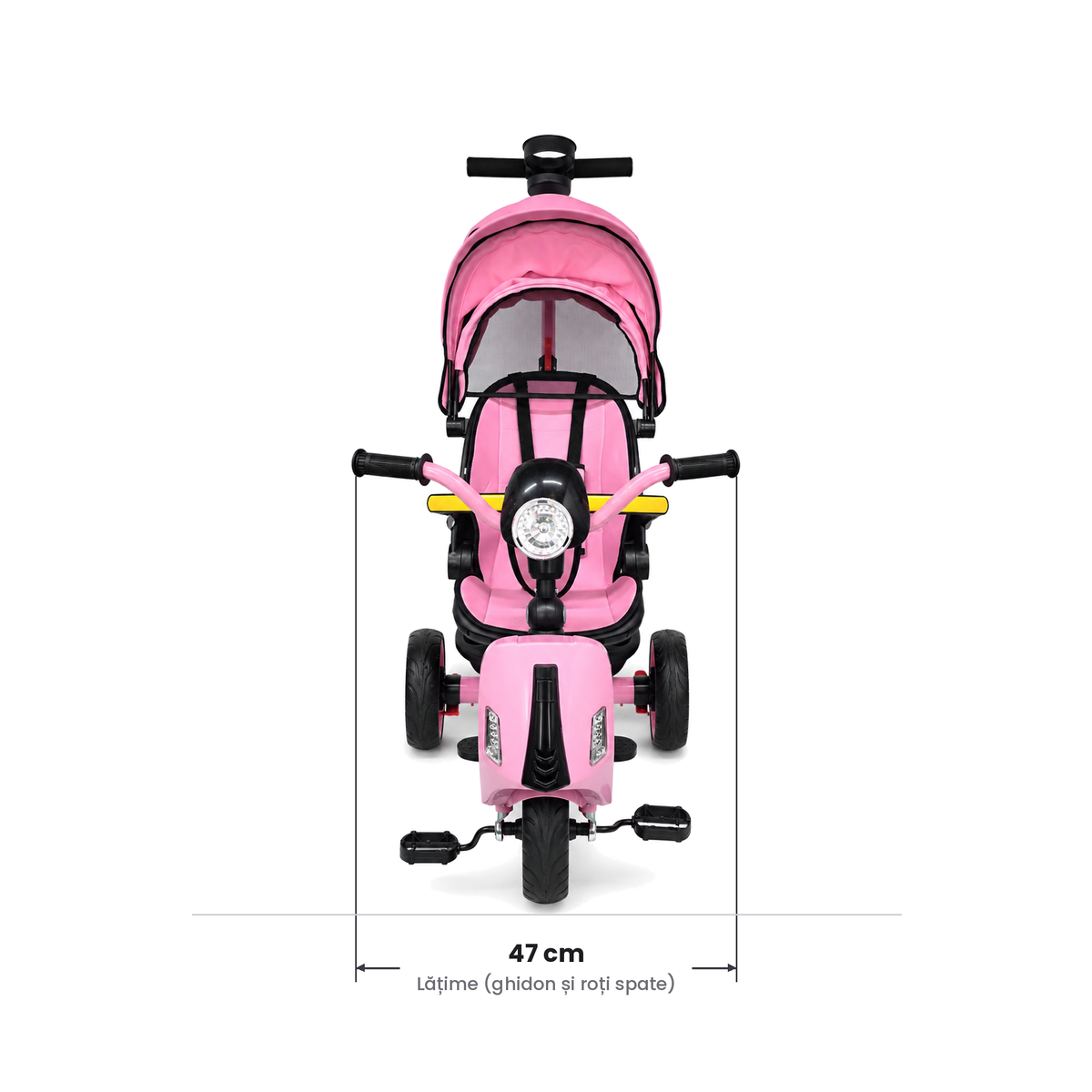 LUDIRO Tricicletă 4 în 1, roz — schiță dimensiuni frontale: lățime 47 cm