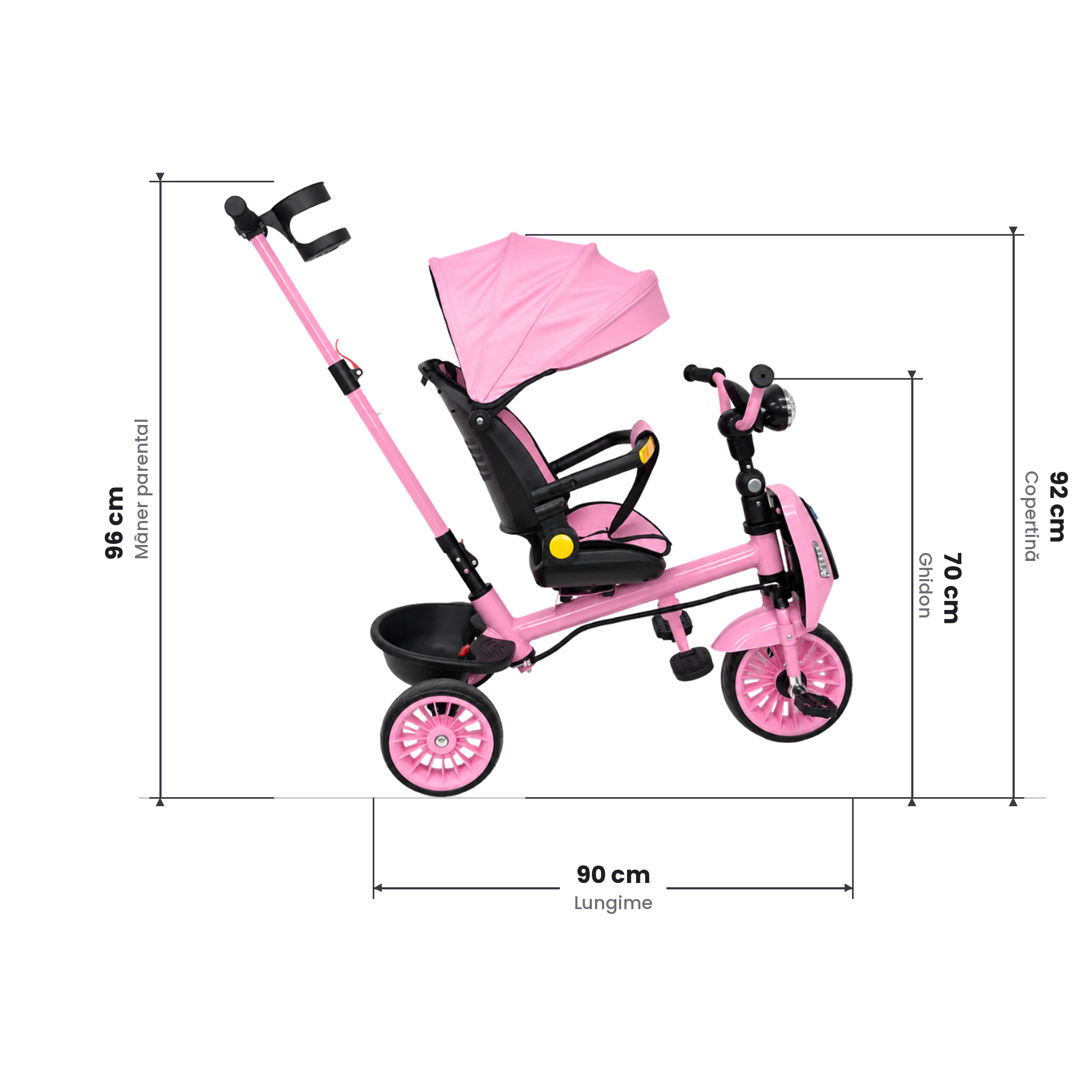LUDIRO Tricicletă 4 în 1, roz — schiță dimensiuni laterale: lungime 90 cm, mâner 96 cm