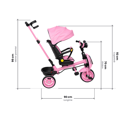 LUDIRO Tricicletă 4 în 1, roz — schiță dimensiuni laterale: lungime 90 cm, mâner 96 cm