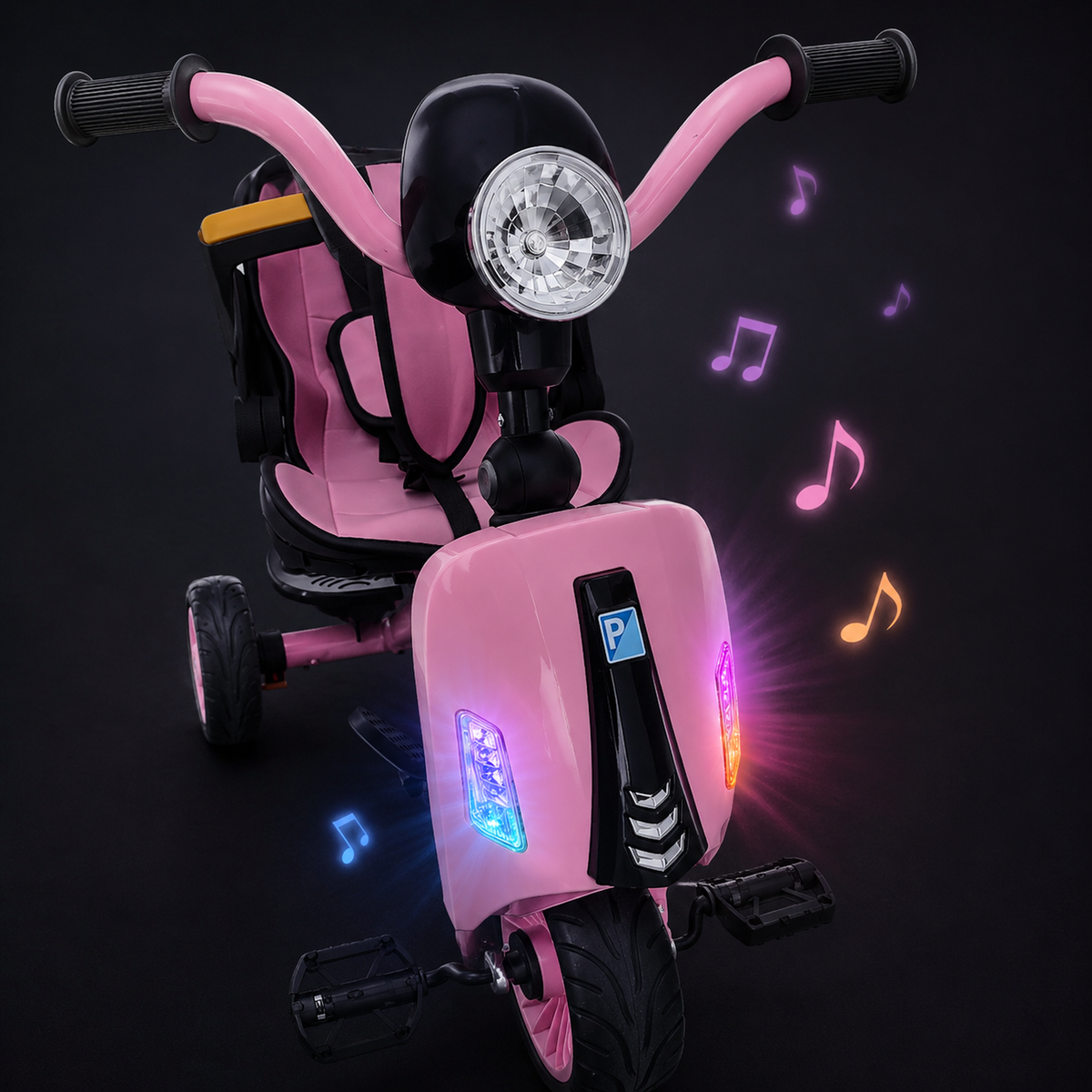 LUDIRO Tricicletă 4 în 1, roz — luminile LED multicolore aprinse, sincronizate cu muzica