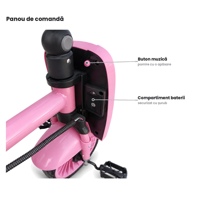 LUDIRO Tricicletă 4 în 1, roz — panou de comandă cu buton muzică și compartiment baterii