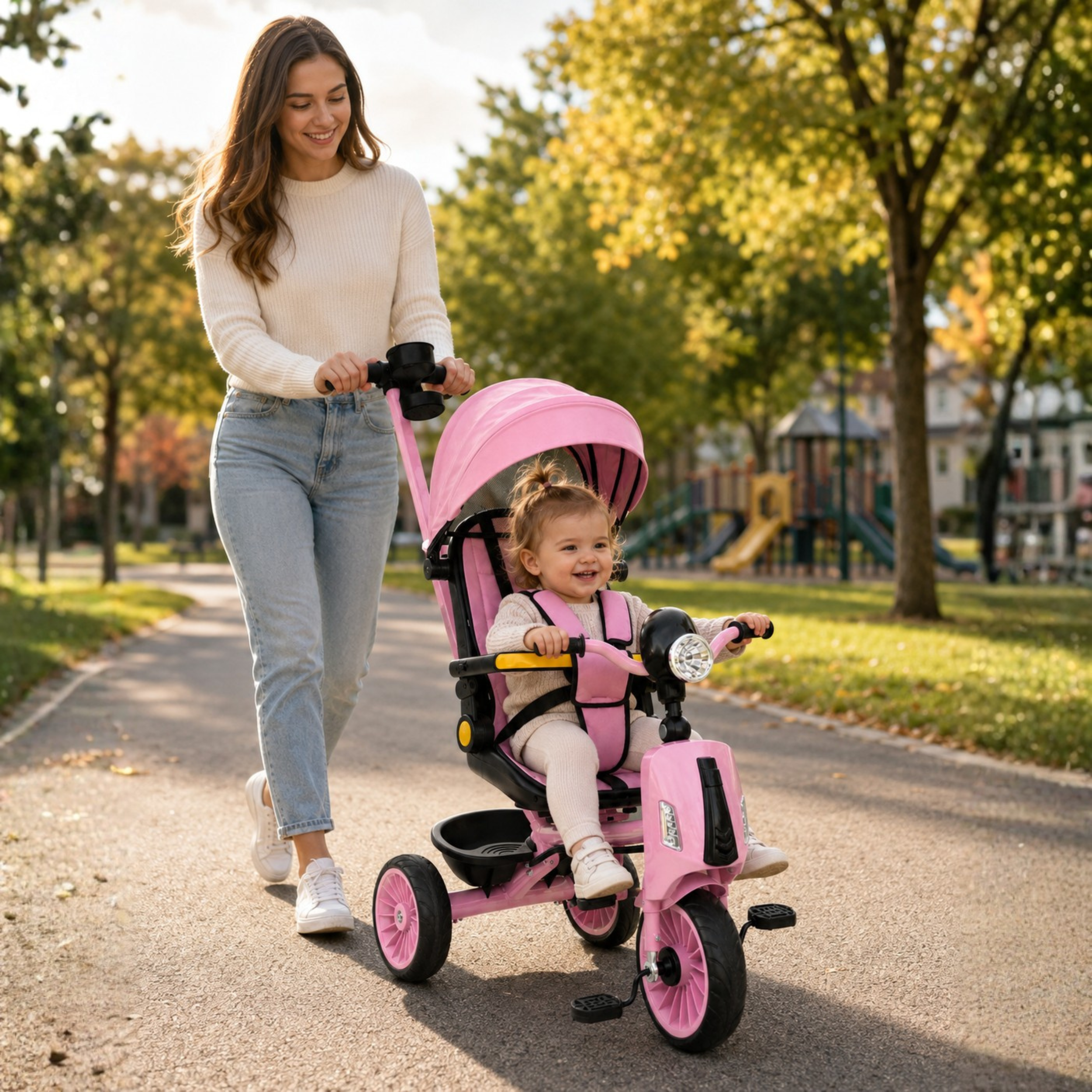 LUDIRO Tricicletă 4 în 1 roz — mamă și copil la plimbare în parc, copertină ridicată
