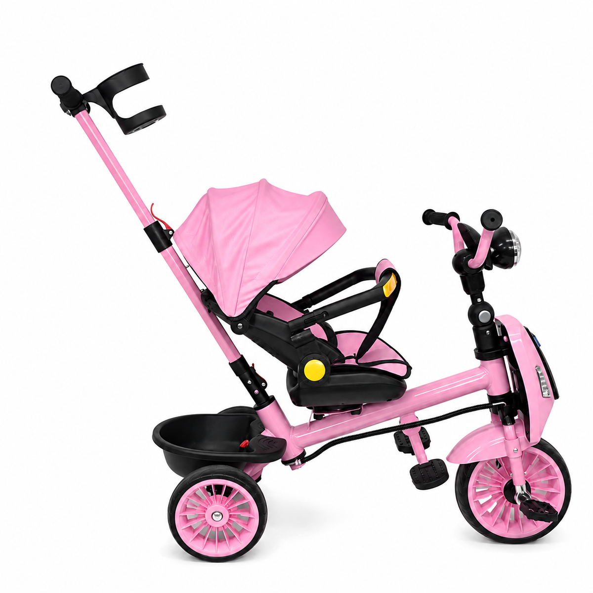 LUDIRO Tricicletă 4 în 1 cu mâner parental, roz — vedere laterală, cadru complet, mod plimbare