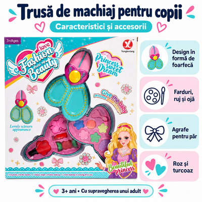 Trusă de machiaj pentru copii în formă de foarfecă, cu farduri, ruj, ojă și agrafe; design roz și turcoaz, 3+ ani.