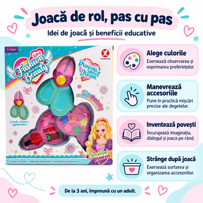 Idei de joacă cu trusa de machiaj: alegerea culorilor, manevrarea accesoriilor, povești și organizare după joacă.