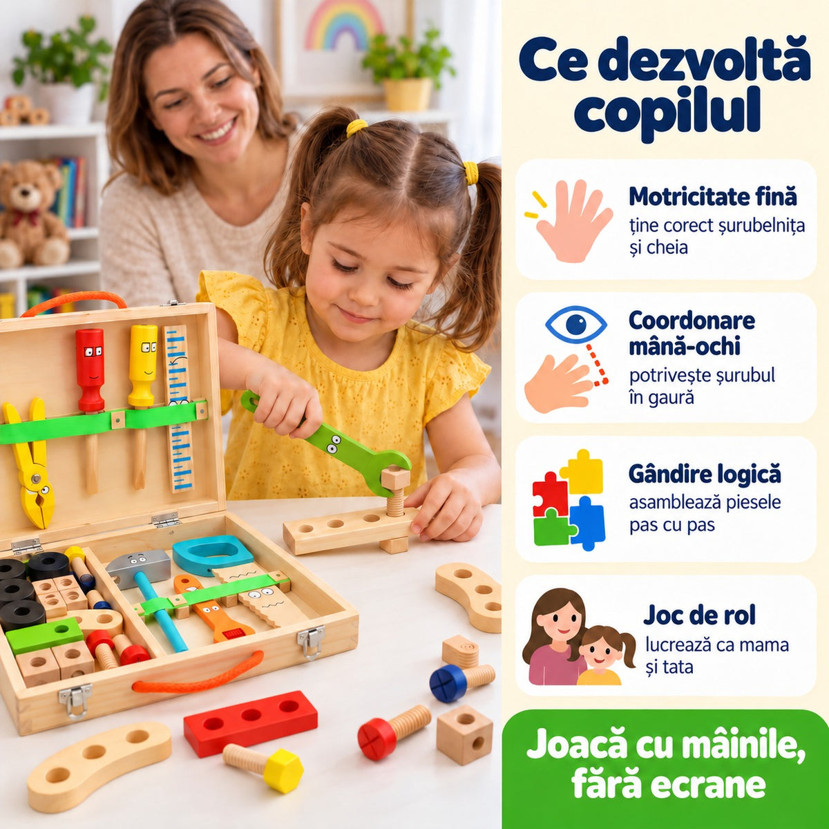 Fetiță care strânge un șurub cu cheia verde din trusa de lemn, alături de ce dezvoltă: motricitate, coordonare, logică