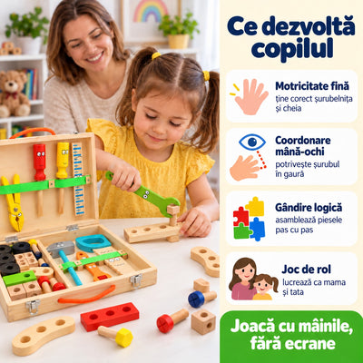 Fetiță care strânge un șurub cu cheia verde din trusa de lemn, alături de ce dezvoltă: motricitate, coordonare, logică