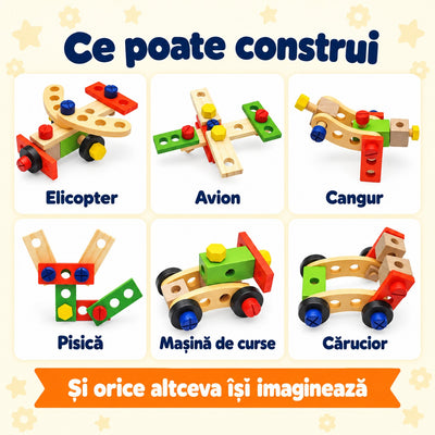 Infografic cu modelele din trusa de unelte: elicopter, avion, cangur, pisică, mașină de curse și cărucior