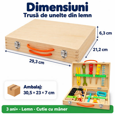 Dimensiunile trusei de unelte din lemn: 29,3 × 21,2 × 6,3 cm, ambalaj de 30,5 × 23 × 7 cm, 3 ani+