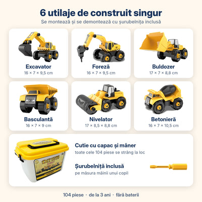 Conținutul setului: excavator, foreză, buldozer, basculantă, nivelator, betonieră, șurubelniță și cutie