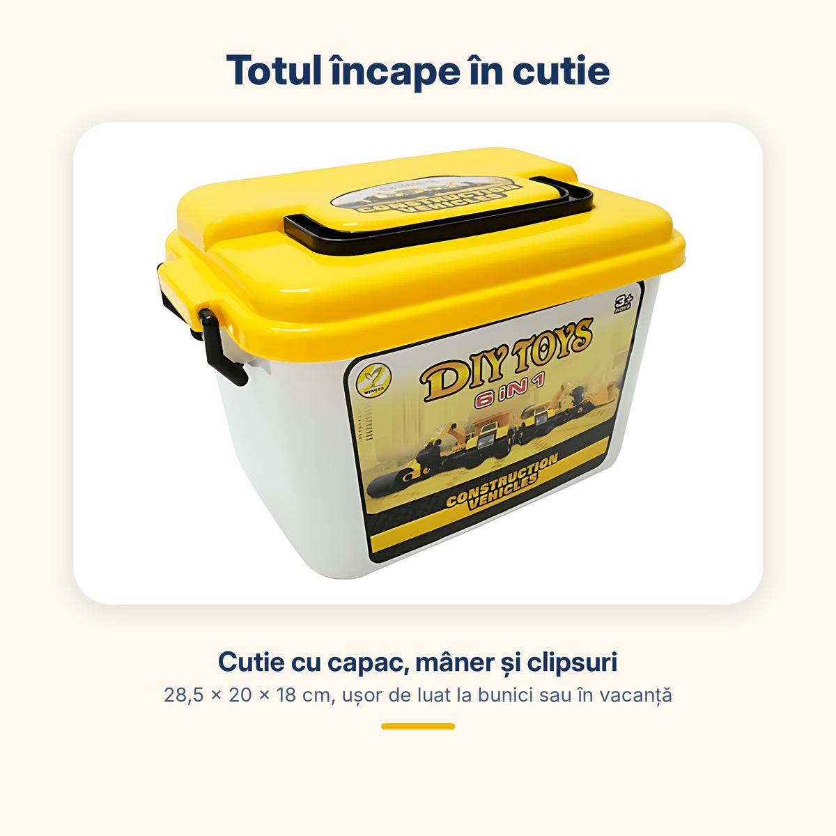 Cutie de depozitare cu capac și mâner pentru setul de utilaje de construcții