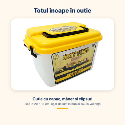 Cutie de depozitare cu capac și mâner pentru setul de utilaje de construcții