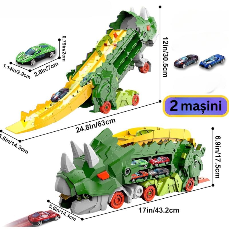 Set Multifunctional Dinozaur 2-in-1, Camion de Transport si Rampa de Lansare cu 2 Masinute, Distractie, Educatie si Dezvoltarea Creativitatii pentru Copii, + 3 Ani, Verde Portocaliu - LUDIRO