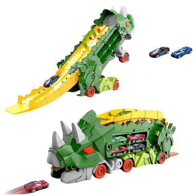Set Multifunctional Dinozaur 2-in-1, Camion de Transport si Rampa de Lansare cu 2 Masinute, Distractie, Educatie si Dezvoltarea Creativitatii pentru Copii, + 3 Ani, Verde Portocaliu - LUDIRO