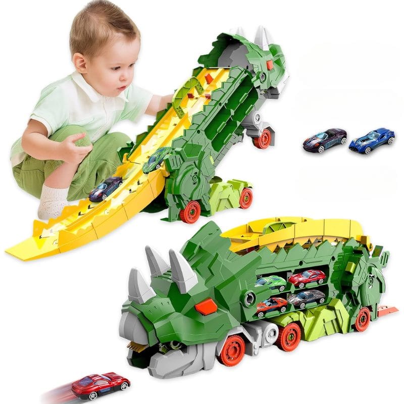 Set Multifunctional Dinozaur 2-in-1, Camion de Transport si Rampa de Lansare cu 2 Masinute, Distractie, Educatie si Dezvoltarea Creativitatii pentru Copii, + 3 Ani, Verde Portocaliu - LUDIRO