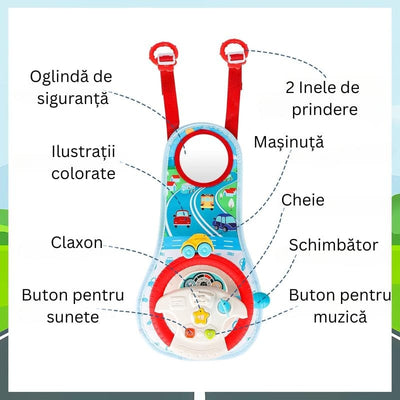 Elementele panoului LUDIRO: oglindă, inele de prindere, mașinuță, cheiță, claxon, schimbător și butoane audio.